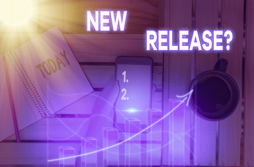 Writing note showing New Release Question. Business concept for asking about recent product or...
