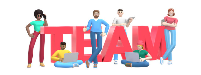 Group of young multiethnic successful people with laptop, tablet, phone and word team on white background. Horizontal banner cartoon character and text website slogan. 3D rendering.