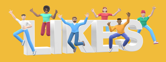 The word likes on a yellow background. Group of young multicultural happy people jump and dance together. Horizontal banner cartoon character and website slogan. 3D rendering.