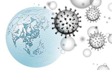 Virus cell around planet Earth. Infection pneumonia prevention healthcare. 3D low poly digital banner. International global outbreak coronavirus virus epidemic vector illustration