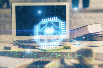 Multi exposure of desktop computer and technology theme hologram. Concept of software development.