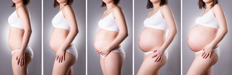 Collage of different stages of pregnancy, pregnant woman in white underwear on gray background