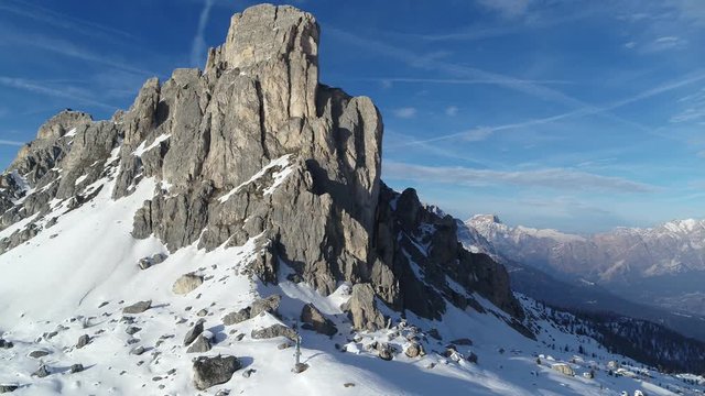Aerial Monte Nuvolau in the Italian Alps Winter landscape on Dolomites. Winter Landscape, outdoor adventures, skiing and ski touring 4K
