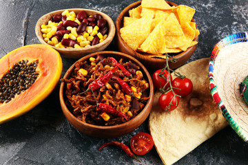 Hot chili con carne. mexican food tasty and spicy.