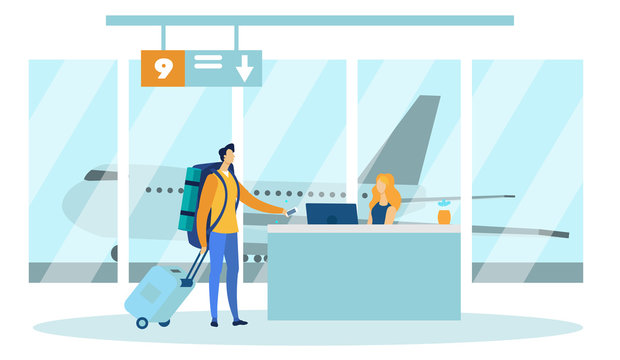 Airport Security Checkpoint Officer Waiting for Passenger to Check Ticket and Baggage with Plane on Background in Window Flat Cartoon Vector Illustration. Showing Mobile Phone with Electronic Ticket.