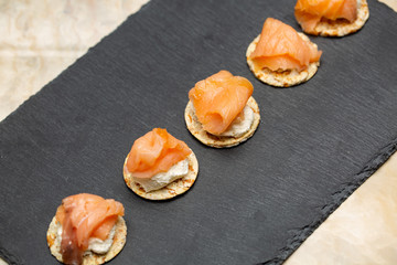 spelled chips with salmon bite