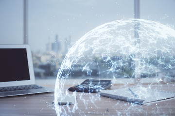 Computer on desktop with social network hologram. Multi exposure. Concept of international people connections.