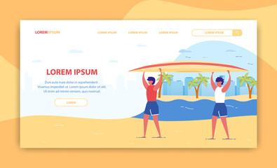 Rent Boat, Kayak Service Banner. Water Sport Competition. Two Cartoon Men Holding Canoe on Sea Beach. Tropical Travel, Summer Vacation, Extreme Tourism. Healthy Hobby Active Leisure