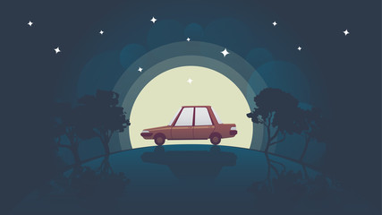 a car rides over a hill on a full moon vector illustration