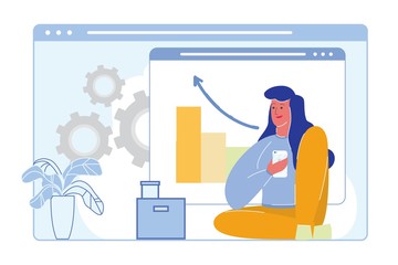 Business Woman Cartoon Character Notes Revenue Increase or Company Income Growth. Budget Management, Successful Profitable Investment Placement. Finance and Banking. Flat Vector Illustration.