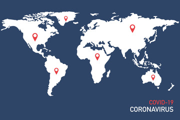 COVID-19 concept on world map Coronavirus virus sign. Global pandemic alert. flat icon design vector illustration.