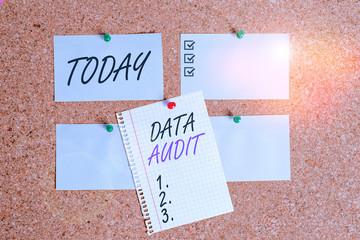 Writing note showing Data Audit. Business concept for auditing of data to assess its quality for a...