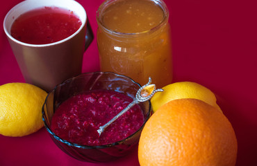 Homemade cranberry tea and honey antivirus anti flu beverage 