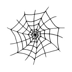 Obraz premium Vector illustration. Single hand drawn contour of spiderweb isolated on white background. Simple doodle clipart in a trendy minimalism style. 