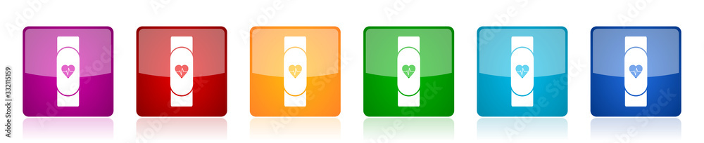 Poster smart band icon set, smartwatch, fitness colorful square glossy vector illustrations in 6 options fo