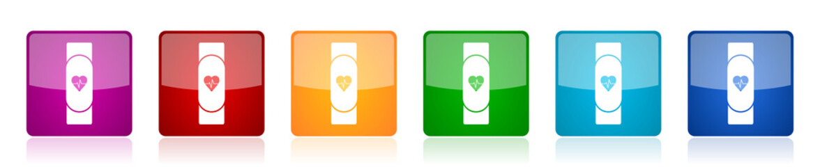 Smart band icon set, smartwatch, fitness colorful square glossy vector illustrations in 6 options for web design and mobile applications