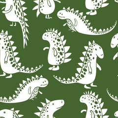 Cute dinosaurs on a green background. Vector seamless pattern.