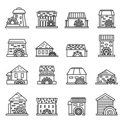 Farm water mill icons set. Outline set of farm water mill vector icons for web design isolated on white background © anatolir