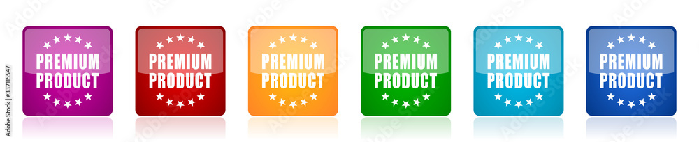 Aufkleber premium product icon set, colorful square glossy vector illustrations in 6 options for web design an
