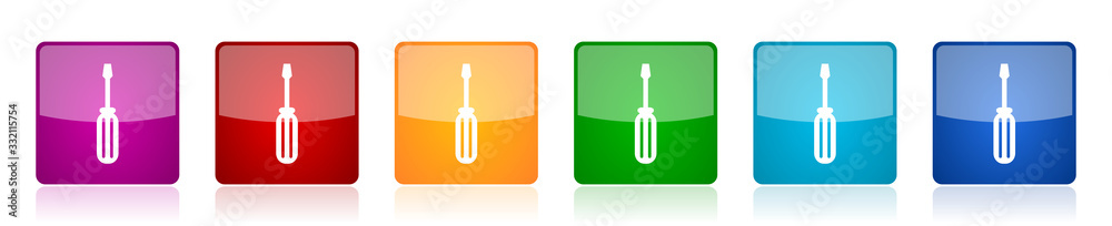 Poster Tool icon set, colorful square glossy vector illustrations in 6 options for web design and mobile applications