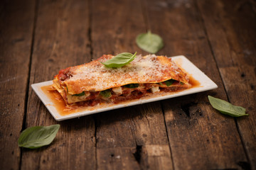 Italian lasagne with meat, tomatoes, cheese sauce and pasta