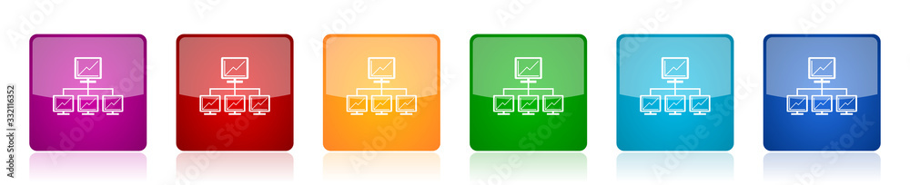 Aufkleber Network icon set, colorful square glossy vector illustrations in 6 options for web design and mobile applications