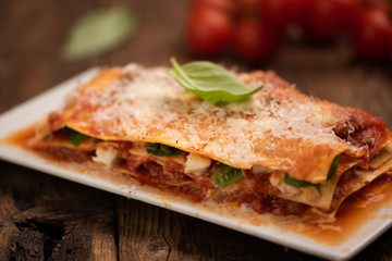 Italian lasagne with meat, tomatoes, cheese sauce and pasta