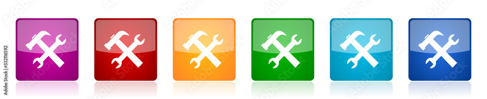 Aufkleber tool icon set, colorful square glossy vector illustrations in 6 options for web design and mobile ap