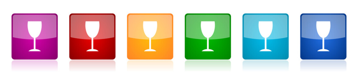 Alcohol icon set, colorful square glossy vector illustrations in 6 options for web design and mobile applications