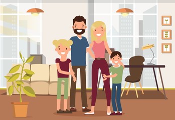 Fototapeta premium Big Family Spending Time Together in Living Room Interior Flat Cartoon Vector Illustration. Large Happy Members Gathered Together at Home. Father, Mother, Daughter, Son Smiling and Hugging.