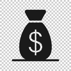 Money bag icon in flat style. Moneybag with dollar vector illustration on white isolated background. Cash sack business concept.