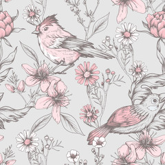 Seamless vintage pattern with flowers and birds