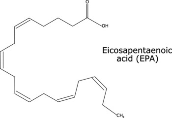 Eicosapentaenoic acid (EPA) molecular structure on black, over a white background. Omega 3 fatty acid vector