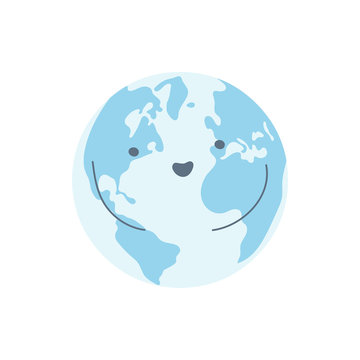 Planet Day, planet ecology, environment protection, save Earth. Blue happy cartoon Earth character. Flat line isolated vector icon illustration on white.