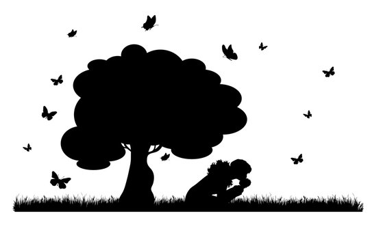 Vector silhouette of family in park on white background. Symbol of nature and people.