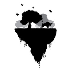 Vector silhouette of piece of land with angry bull and flying butterflies on white background. Symbol of nature and planet.
