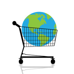 Vector silhouette of shopping cart with planet on white background. Symbol of shop accessories and environmental.