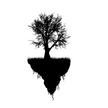 Vector silhouette of piece of land with tree on white background. Symbol of nature and planet.