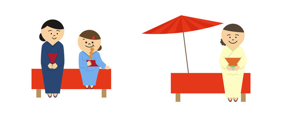 甘味処　着物を着た女性　イラストセット