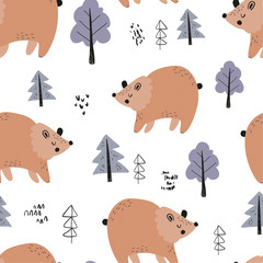 Vector seamless repeating hand-drawn color childish pattern with cute scandinavian style bears on a white background. Seamless kids scandy pattern. Cute animals. Baby pattern with animals.
