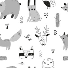 Vector hand-drawn seamless repeating childish pattern with forest animals doodles in Scandinavian style on a white background. Scandinavian pattern with animals. Children's print. 