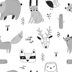 Wall murals Little deer Vector hand-drawn seamless repeating childish pattern with forest animals doodles in Scandinavian style on a white background. Scandinavian pattern with animals. Children's print. 