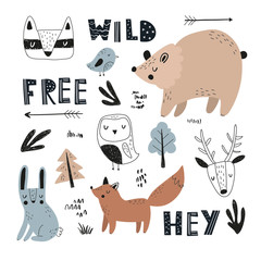 Vector hand-drawn colored children's set with cute forest animals in Scandinavian style on a white background. Scandinavian children's set with animals. Children's print. Isolated objects on white.  © ZHUKO