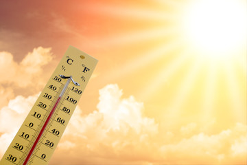 Thermometer shows high temperature in summer