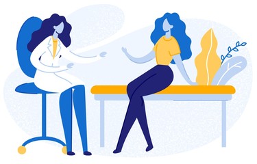 Therapist Consultation Flat Vector Illustration. Female Doctor, Physician and Patient Talking Cartoon Characters. Professional Medical Assistance, Healthcare Concept. Practitioner giving Woman Advice