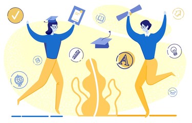 Graduate Students, Bachelors at University or College Graduation Ceremony. Young People Receive Higher Education Certificate. Getting Profession, Improving Skills. Flat Cartoon Vector Illustration.