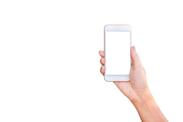 Female hand holding smart phone with white screen at isolated background.