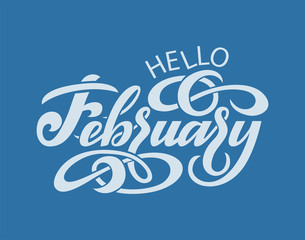 Hand drawn typography lettering phrase Hello, February. isolated on the blue background.