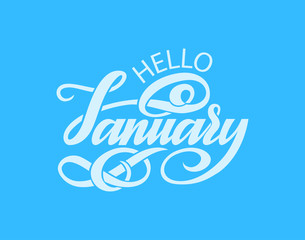Hand drawn typography lettering phrase Hello, January. isolated on the light blue background.