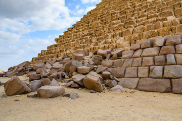Closeup view on a great pyramid of Cheops in Giza plateau. Cairo, Egypt